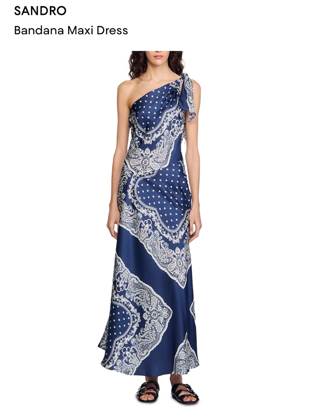 Sandro One-Shoulder Navy and White Bandana-Print Maxi Dress